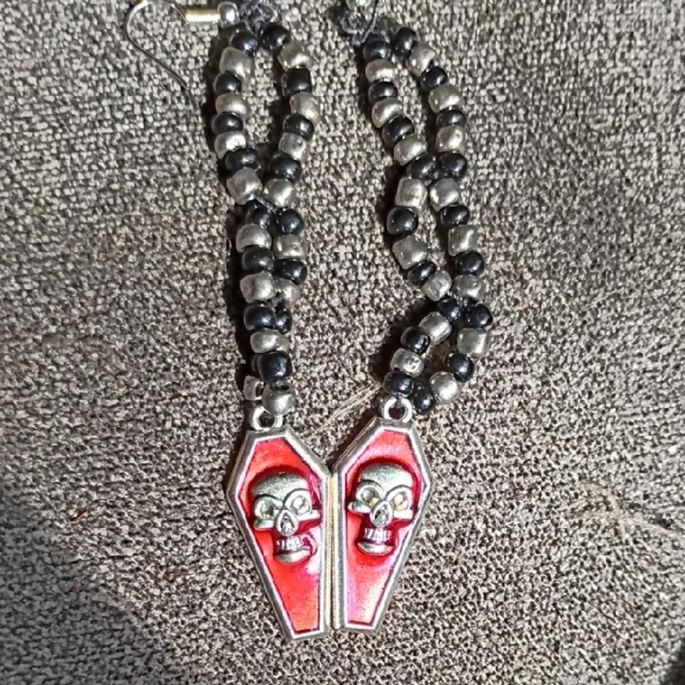 Skull Coffin Earrings with Red and Silver Beads